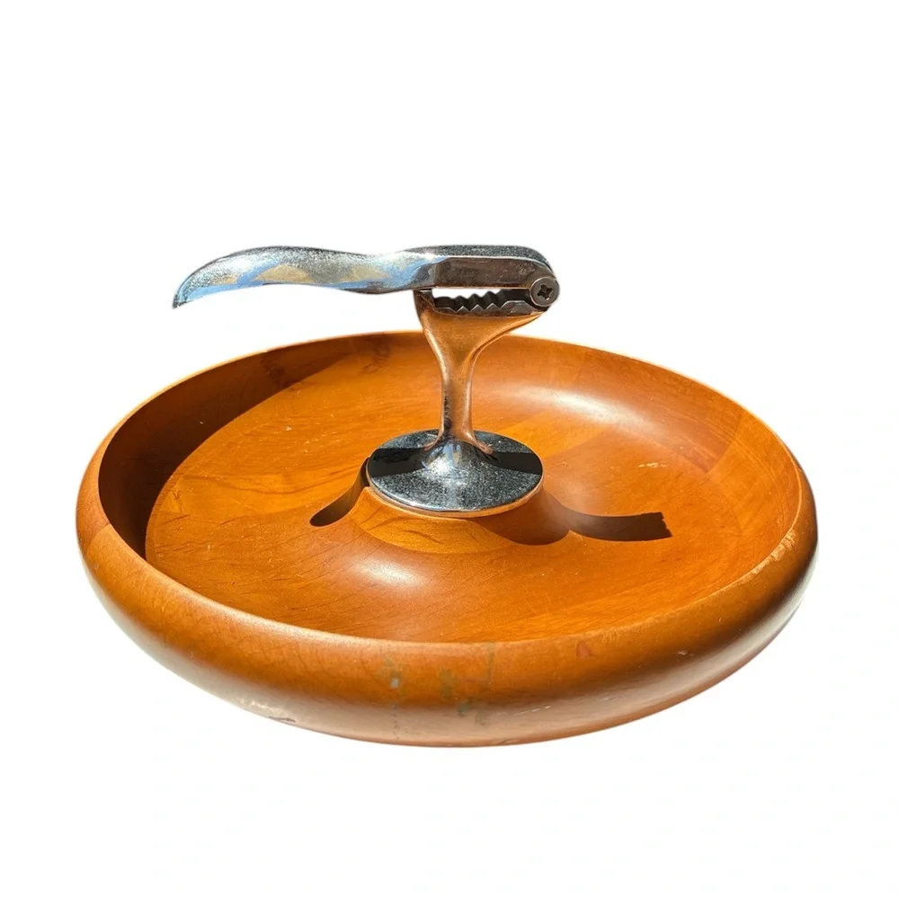 Millbern MCM Wooden Bowl with Metal Nutcracker Catchall Vintage Chic Retro Brown